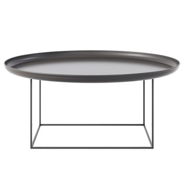 Et moderne ovalt sofabord med en mørkegrå bakkelignende plade og en minimalistisk sort metalramme, designet som et interiørstykke, isoleret mod en hvid baggrund.