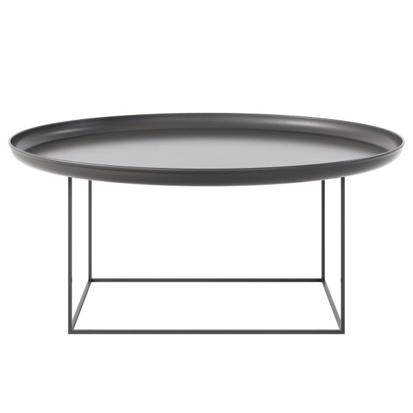Et moderne ovalt sofabord med en mørkegrå bakkelignende plade og en minimalistisk sort metalramme, designet som et interiørstykke, isoleret mod en hvid baggrund.