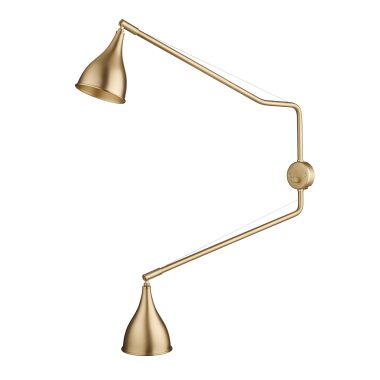 En moderne, guldfarvet NORR11 - Le Six Double Arm vægmonteret lampe med to drejepunkter og koniske skærme i hver ende, isoleret på en hvid baggrund.