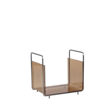 Magasinholder med minimalistisk design, med metalramme og to brune, gennemsigtige paneler fra TomorrowsDesign, isoleret på en hvid baggrund.