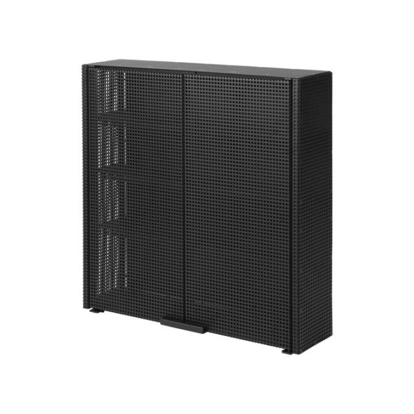 Et sort mesh-skab med to låger og korte ben på hvid baggrund. Skabets overflade har en ensartet perforeret tekstur, der eksemplificerer Tomorrows Design-stil.
