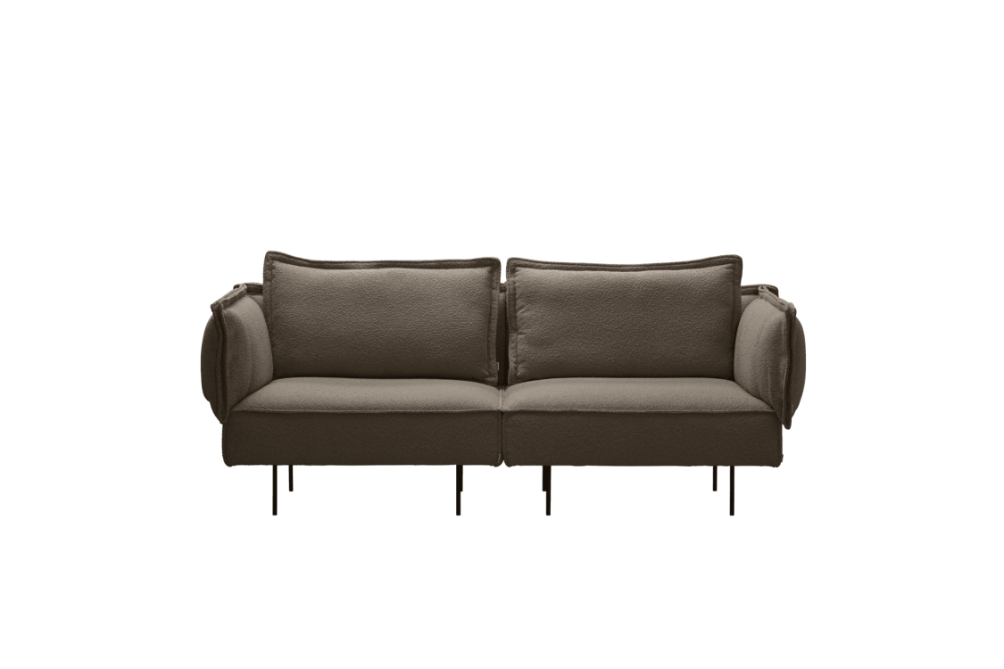 En moderne to-personers sofa med plyshynder og runde armlæn i bolsterstil, betrukket med mørkebrunt stof, sat mod en solid sort baggrund. Dette stykke eksemplificerer essensen af TomorrowsDesign i alle aspekter.