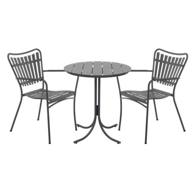 To grå metalstole med buede ryglæn vendt mod hinanden, placeret omkring et lille, rundt metalbord fra TomorrowsDesign, alle sat mod en almindelig grøn baggrund.