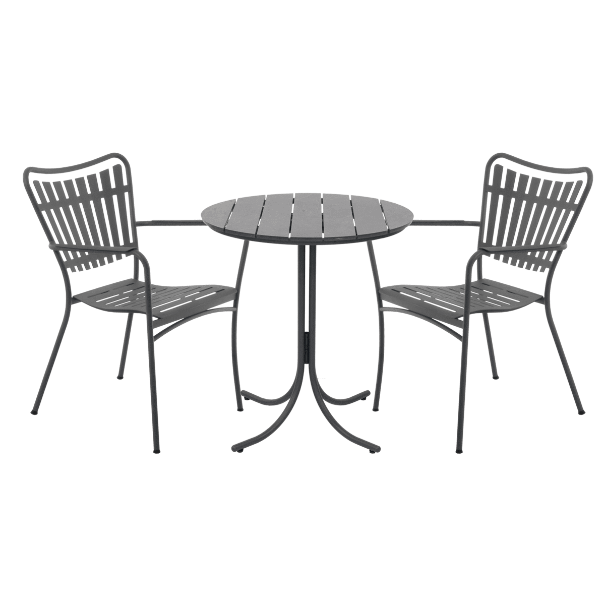 To grå metalstole med buede ryglæn vendt mod hinanden, placeret omkring et lille, rundt metalbord fra TomorrowsDesign, alle sat mod en almindelig grøn baggrund.