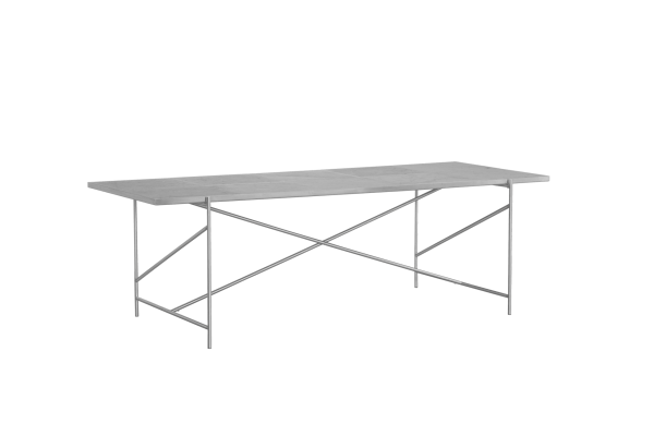 Et minimalistisk hvidt rektangulært bord med en tynd plade og en let metalramme, sat mod en solid grøn baggrund fra TomorrowsDesign.