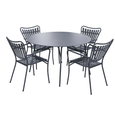 Et moderne udendørs spisesæt bestående af et cirkulært bord og fire matchende stole, alle lavet af metal og malet i mat sort, udstillet på en almindelig sort baggrund. Dette ensemble er en del af TomorrowsDesign-kollektionen.