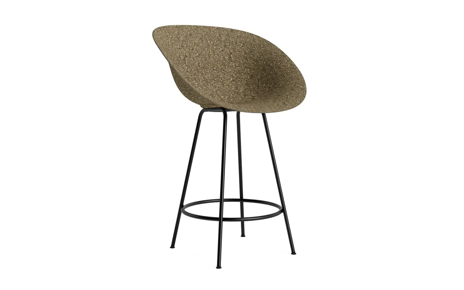 EN NORMANN COPENHAGEN Mat Barstol 65 M. Armlæn med et struktureret, beige ovalt sæde monteret på et enkelt sort metalstel med fire tynde ben og en cirkulær fodstøtte.