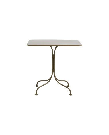 A NORDAL - Viola Havebord med en rektangulær, beige bordplade og en dekorativ, buet metalbund i bronzefinish, isoleret på en hvid baggrund.