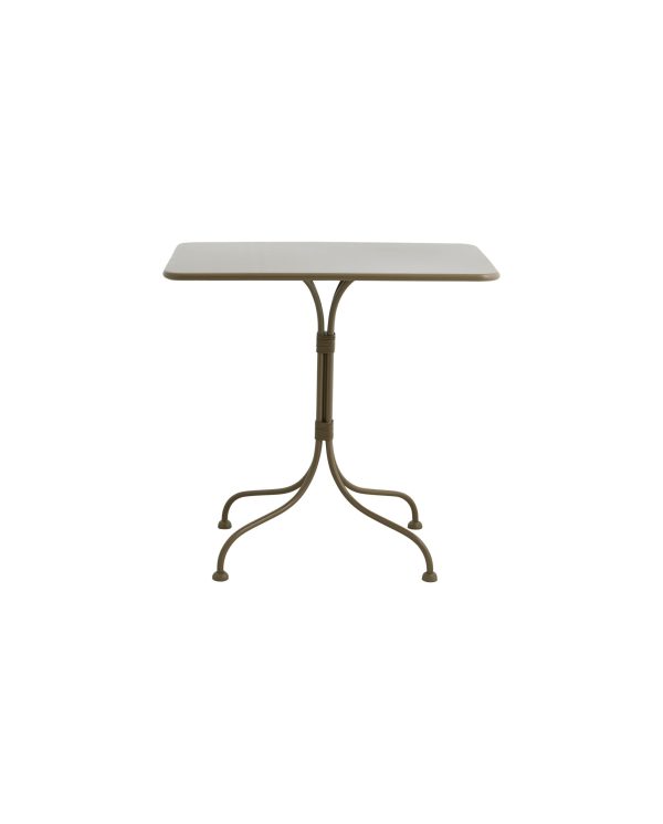 A NORDAL - Viola Havebord med en rektangulær, beige bordplade og en dekorativ, buet metalbund i bronzefinish, isoleret på en hvid baggrund.