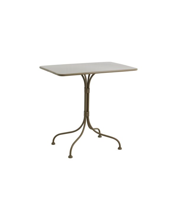 Et NORDAL - Viola Havebord med en lys beige top og en dekorativ, buet metalbund i en grønliggrå tone, isoleret på en hvid baggrund.