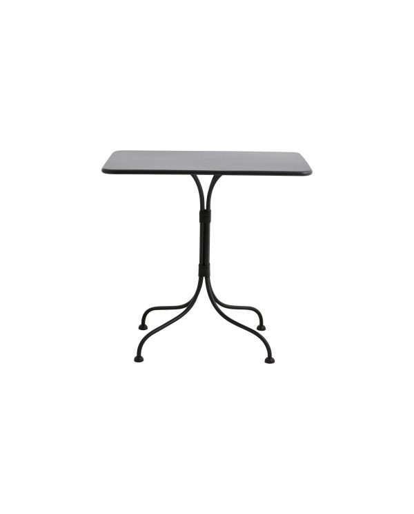 En moderne sort NORDAL - Viola Havebord med en rektangulær top og en udsmykket metalbund, isoleret på en hvid baggrund.