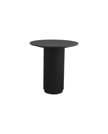 Et minimalistisk sort cylindrisk bord med rillet bund og en glat, rund plade fra TomorrowsDesign, sat mod en almindelig hvid baggrund.