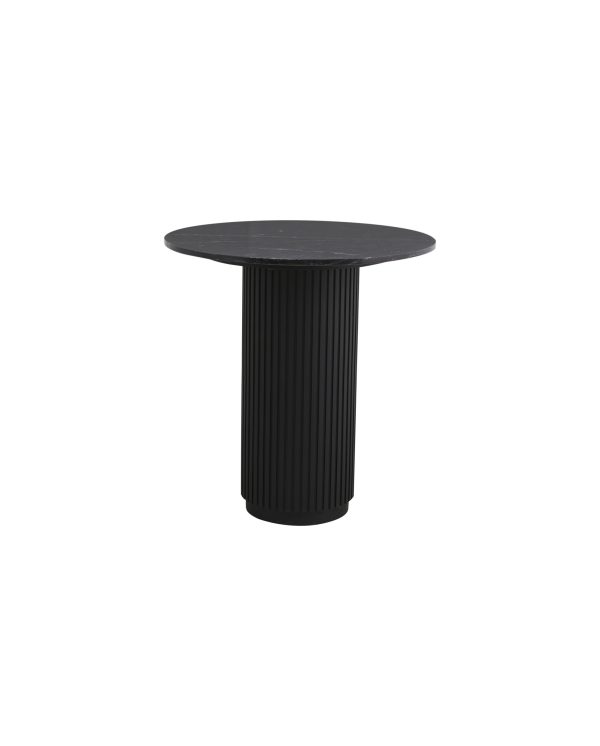 Et minimalistisk sort cylindrisk bord med rillet bund og en glat, rund plade fra TomorrowsDesign, sat mod en almindelig hvid baggrund.