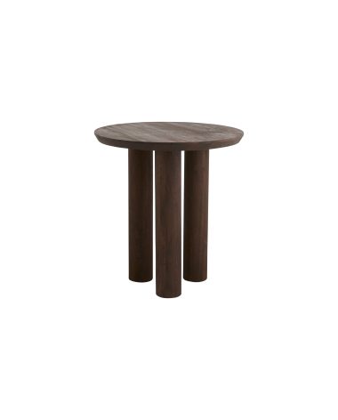 Et rundt, mørkebrunt NORDAL - Helin Cafebord med tre cylindriske ben, isoleret på en hvid baggrund.