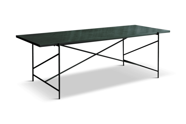 Et moderne sort metalbord i industriel stil med en mørkegrøn bordplade, med et tværstangsdesign og en matchende underhylde til ekstra opbevaring i interiøret.