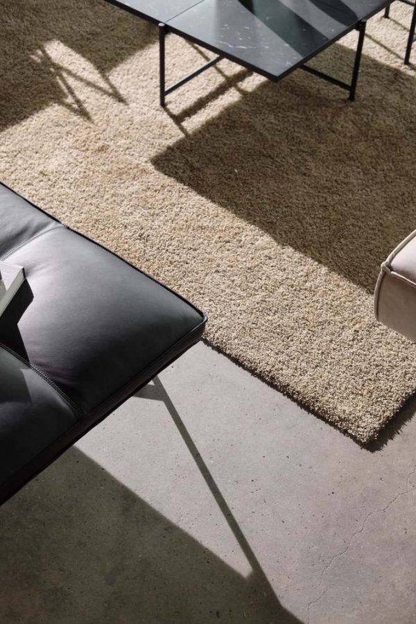 Moderne stuehjørne med et overdådigt beige tæppe, en sort læderlænestol og sofaborde med glasplade, med sollys, der kaster skarpe skygger på et betongulv. Denne opsætning afsluttes med HANDVÄRK - Daybed.