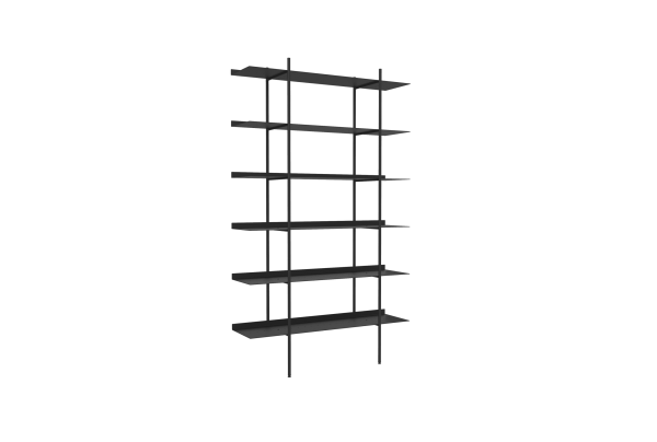 En moderne sort metal bogreol med fem hylder, med et minimalistisk TomorrowsDesign, isoleret på en solid grøn baggrund.