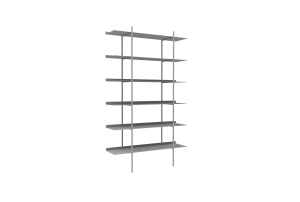 En moderne, fritstående metalreol med fem grå hylder, symmetrisk justeret og forbundet med lodrette understøtninger, med et slankt design mod en solid grøn baggrund.