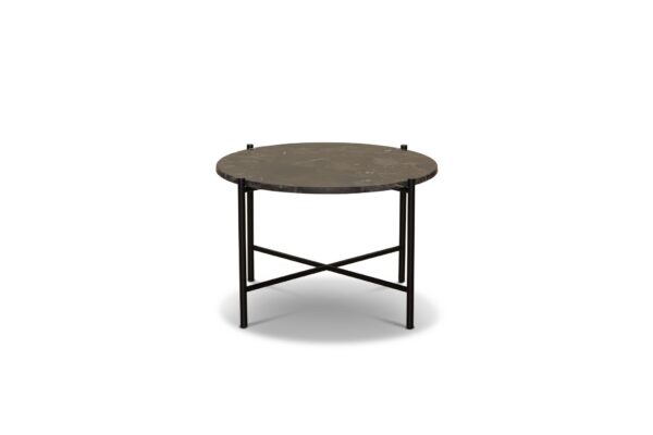En rund bordplade med mørk marmorfinish på en minimalistisk sort metalbund med x-formede tværstænger, med TomorrowDesigns-æstetik isoleret på en hvid baggrund.