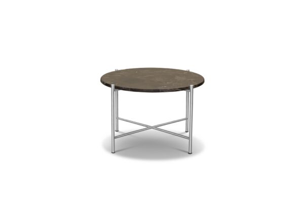 Et moderne sidebord med en rund, mørk stenplade og en slank, metallisk x-formet base, der står isoleret på en almindelig hvid baggrund. Dette stykke eksemplificerer moderne designmøblers æstetik.