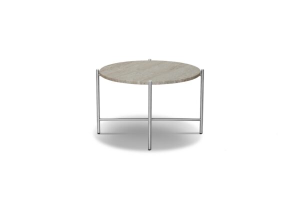 Et moderne rundt bord med en let tekstureret stenplade og en enkel sølvmetalramme, isoleret på en hvid baggrund, perfekt til moderne interiør.