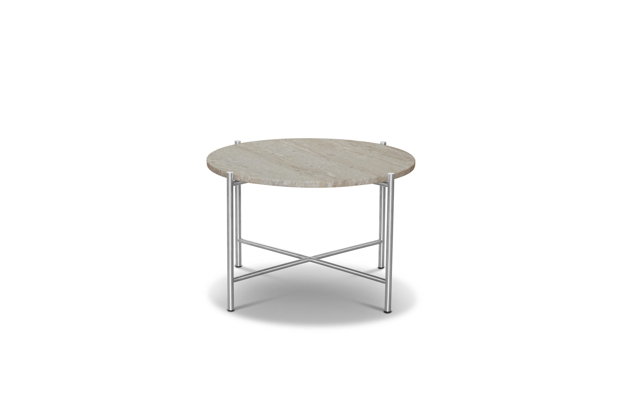 Et moderne sidebord med en cirkulær plade af lyst træ og en minimalistisk sølvmetalramme på hvid baggrund, designet af TomorrowsDesign.
