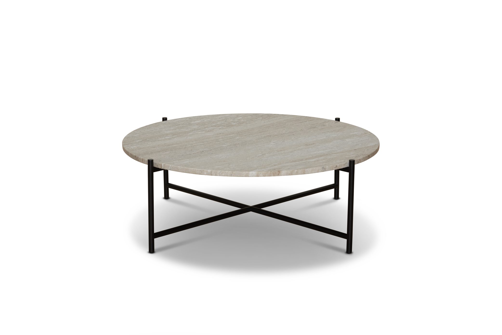 Et rundt sofabord med stenplade med minimalistisk sort metalstel, eksemplificerende moderne designmøbler, på hvid baggrund.