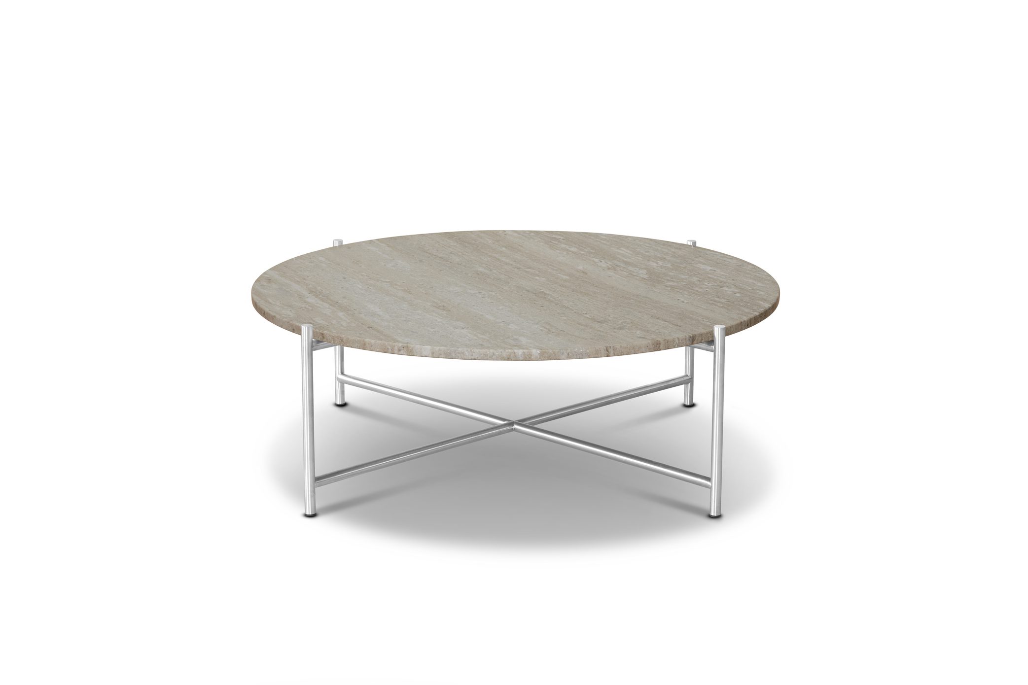 Et rundt sofabord med en beige stenplade og en poleret metalramme med et krydsstøttedesign fra TomorrowsDesign. Bordet vises på en almindelig hvid baggrund.