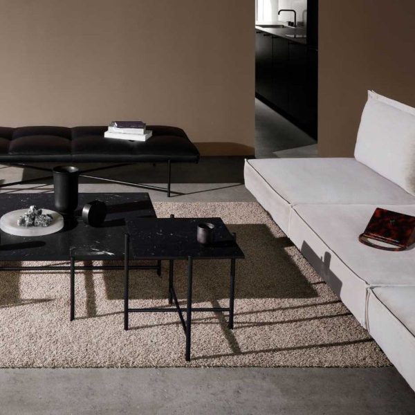 En minimalistisk stue med to lavtliggende sofaer, et sort sofabord med designmøbler og enkel indretning på et tekstureret tæppe, med neutrale toner, der dominerer rummet.