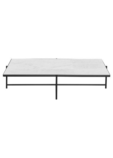 Et minimalistisk moderne sofabord med en rektangulær hvid marmorplade og en elegant sort metalramme, isoleret på en hvid baggrund fra TomorrowsDesign.