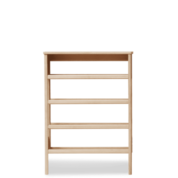 En håndklædestativ i træ med fem vandrette stænger, hver fordelt jævnt fra hinanden, mod en solid grøn baggrund. Rammen og stængerne er lys beige, der viser et enkelt og funktionelt TomorrowsDesign.