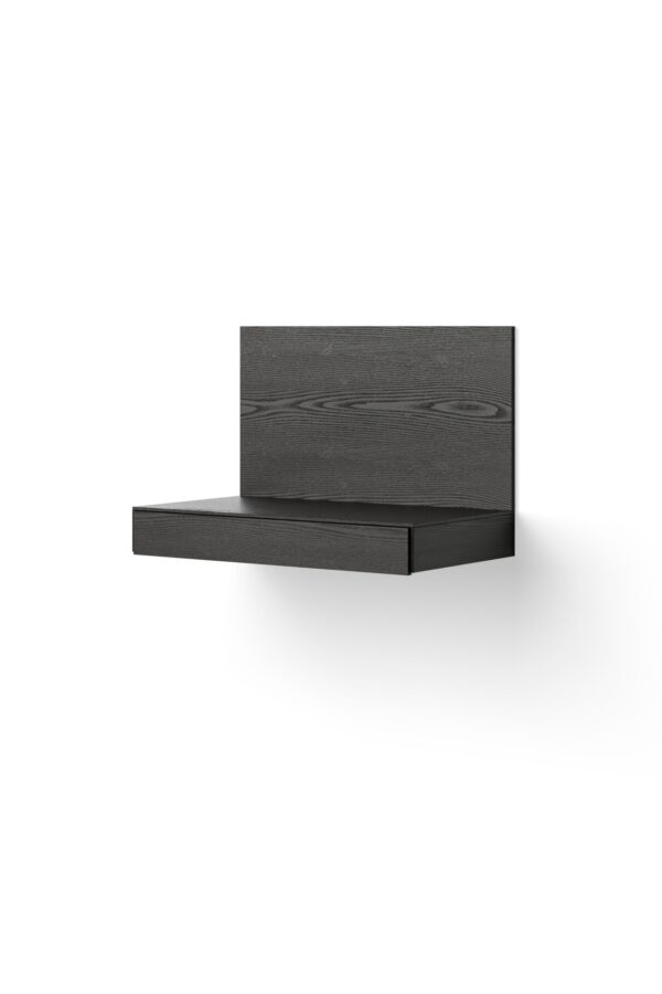 Et moderne NYT VÆRK - Tana Væghængt Skrivebord i mørk træfinish, med en enkelt skuffe og et lækkert, minimalistisk design, isoleret på en hvid baggrund.
