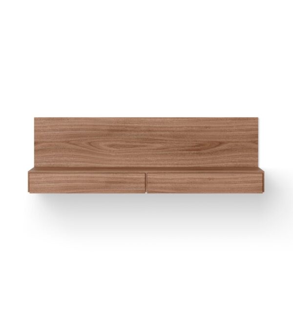Et moderne NYT VÆRK - Tana Væghængt Mediemodul med et minimalistisk design, med to separate rum, mod en almindelig hvid baggrund.