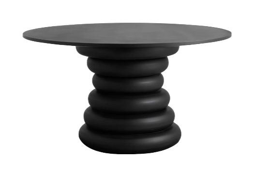 Et Nordal A/S YALU spisebord - sort med en flad topflade og en unik cylindrisk base sammensat af stablede, afrundede segmenter.