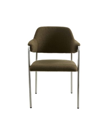En Nordal A/S ALBERT stol - grøn med buet ryglæn og armlæn er vist. Den har en forkromet metalramme med fire lige ben. Stolen har et minimalistisk og moderne design.