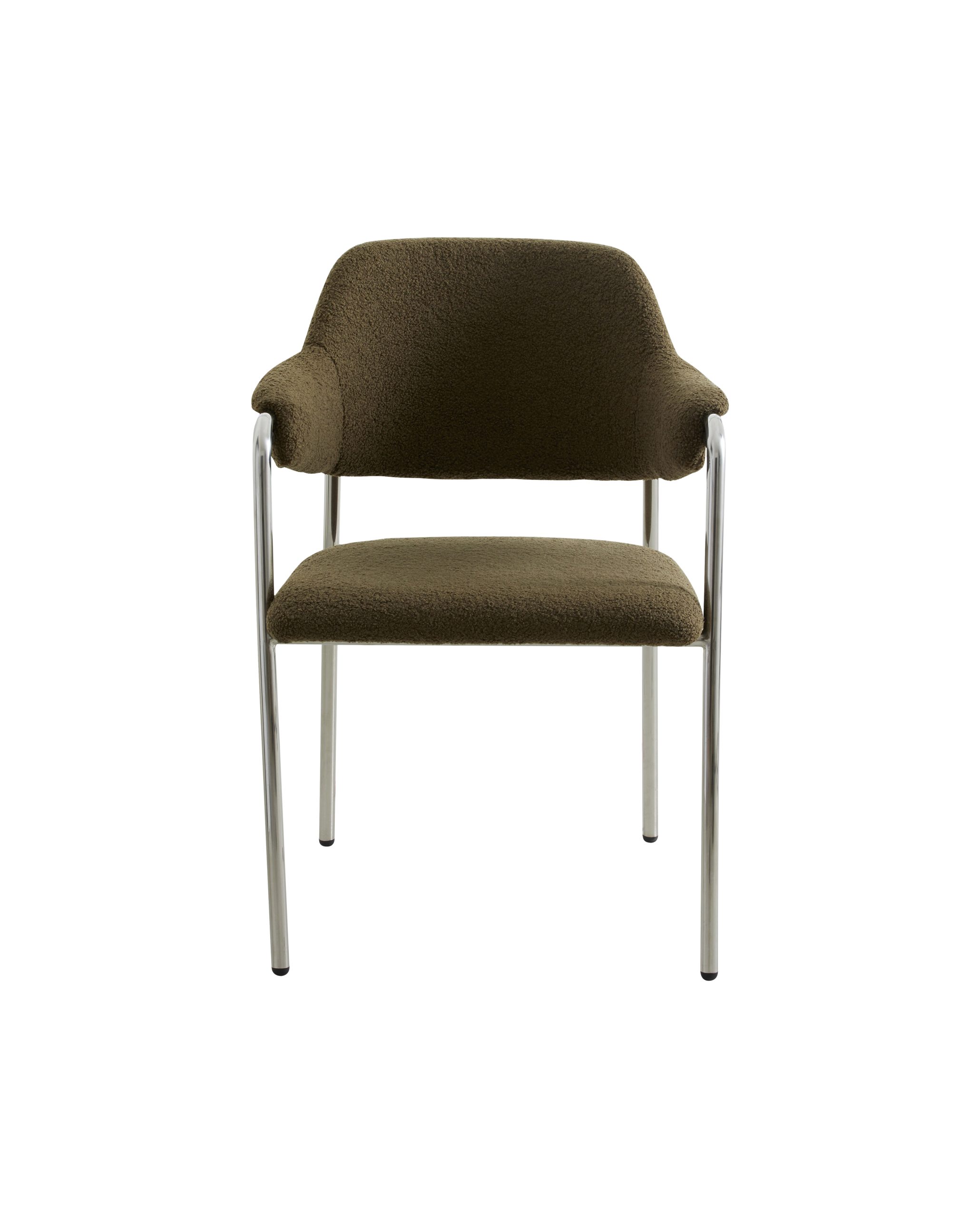 En Nordal A/S ALBERT stol - grøn med buet ryglæn og armlæn er vist. Den har en forkromet metalramme med fire lige ben. Stolen har et minimalistisk og moderne design.