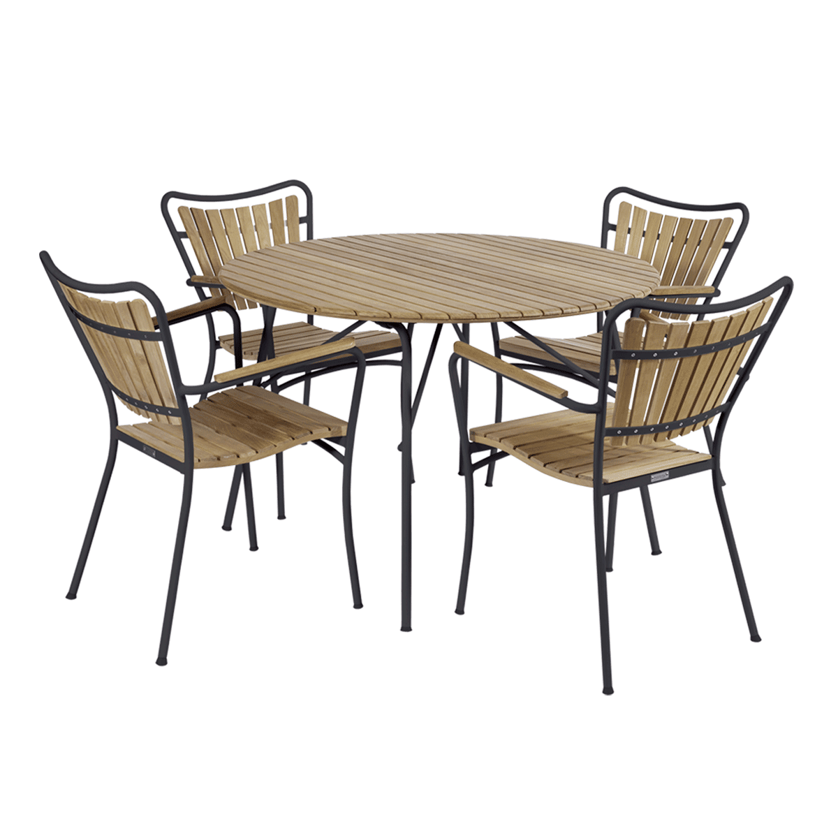 A MANDALAY – Magnolia & Marguerit Havesæt Ø110 med fire matchende stole. Bord og stole har sorte metalstel med trælameller til overflader og sæder. Designet fremstår velegnet til terrasse- eller havebrug.