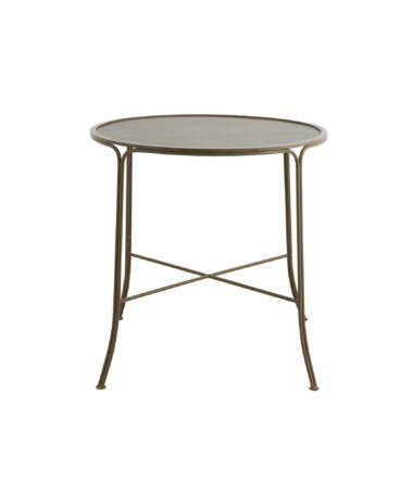 Et Nordal A/S ARAS havebord - grønt med netoverflade og fire buede ben forbundet med tværstænger. Bordet har en guldfinish og et slankt, minimalistisk design.