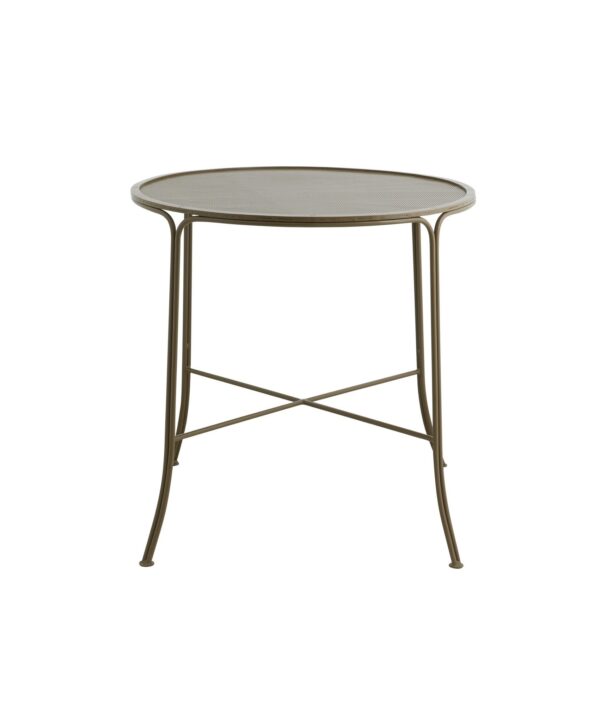 Et Nordal A/S ARAS havebord - grønt med netoverflade og fire buede ben forbundet med tværstænger. Bordet har en guldfinish og et slankt, minimalistisk design.
