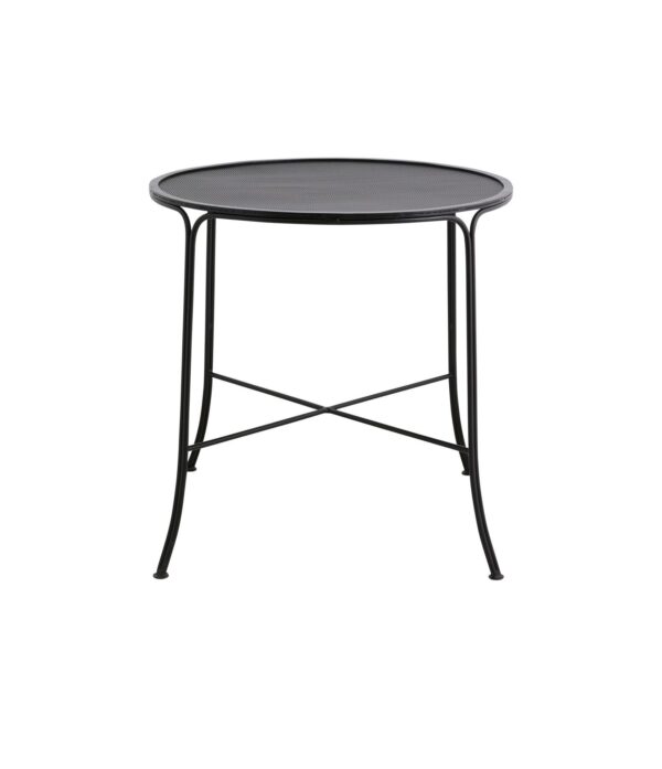 Et Nordal A/S ARAS havebord - sort. Bordet har fire ben, der buer let udad og er forbundet med en X-formet støtte nær bunden.