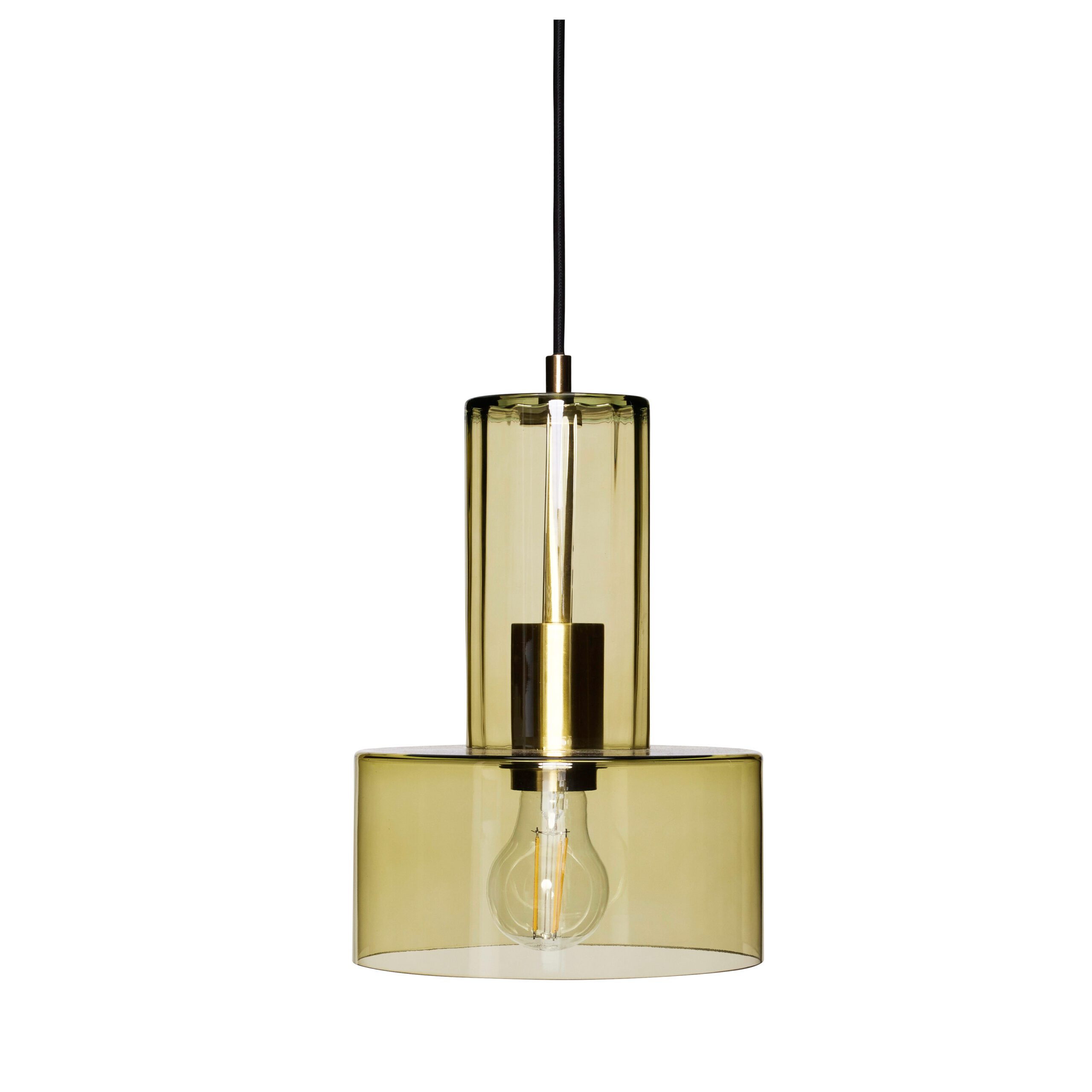 En moderne pendel med en gennemsigtig guldtonet cylindrisk glasskærm og en synlig glødetrådspære, ophængt i en sort ledning mod en hvid baggrund.