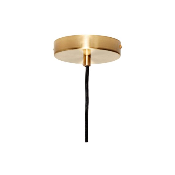 En moderne loftslampe med guldfod og en sort ledning, der hænger ned, isoleret på en hvid baggrund.