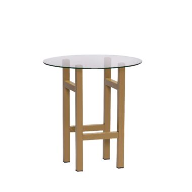 Et moderne rundt bord af glasplade med en forsimplet træbund, isoleret på en hvid baggrund.