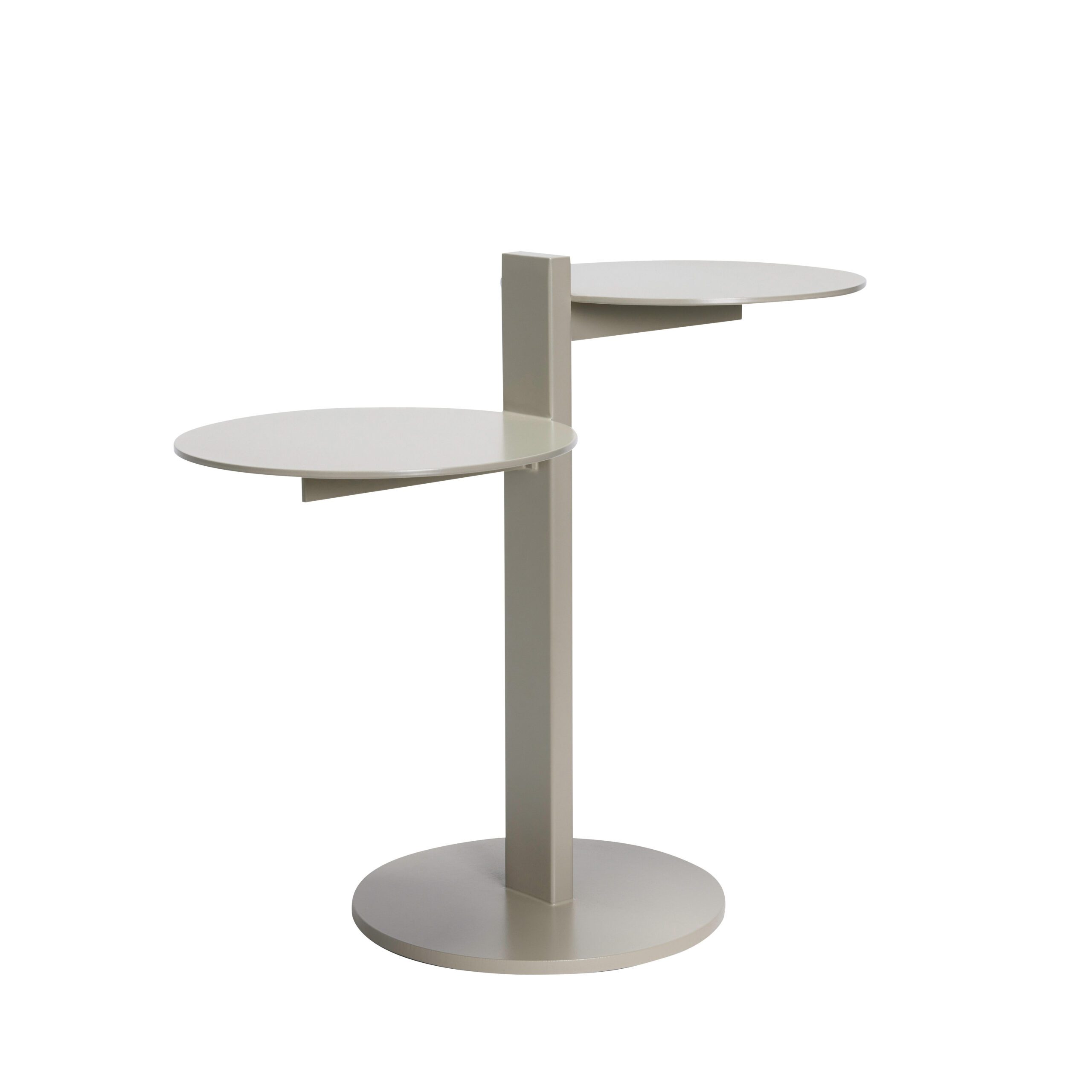 Et moderne, to-etages sidebord med cirkulære plader og en central støttesøjle, alt i en neutral beige farve, sat mod en almindelig hvid baggrund.