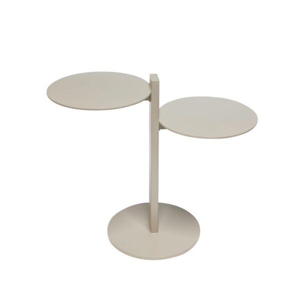 Et minimalistisk sidebord i to etager med runde plader og en central støttestang, alt i en matbeige finish, isoleret på en hvid baggrund.
