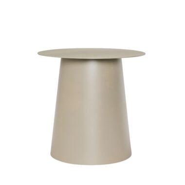 Et minimalistisk moderne sidebord med en konisk base og en cirkulær plade i en matbeige finish, isoleret på en hvid baggrund.