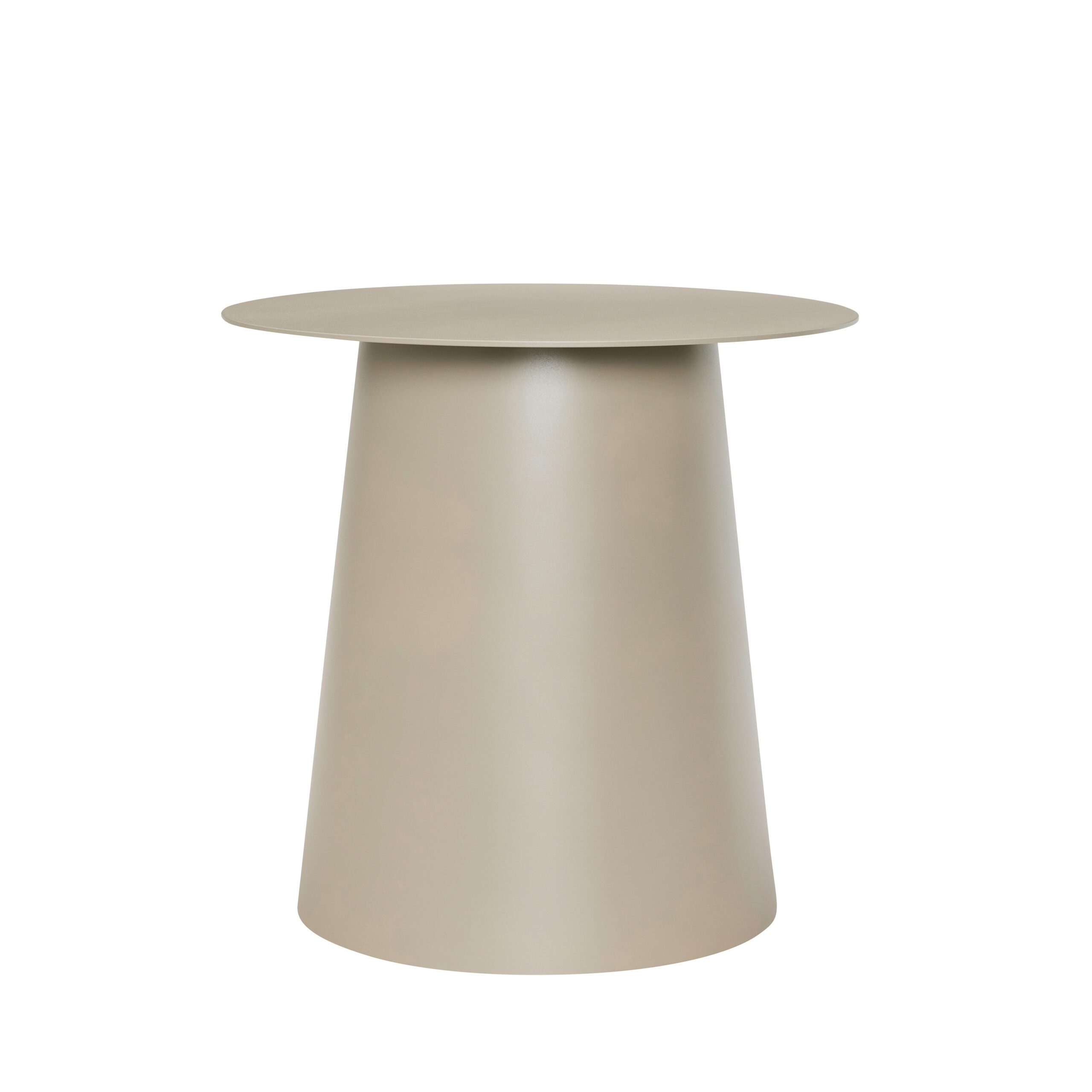 Et minimalistisk moderne sidebord med en konisk base og en cirkulær plade i en matbeige finish, isoleret på en hvid baggrund.