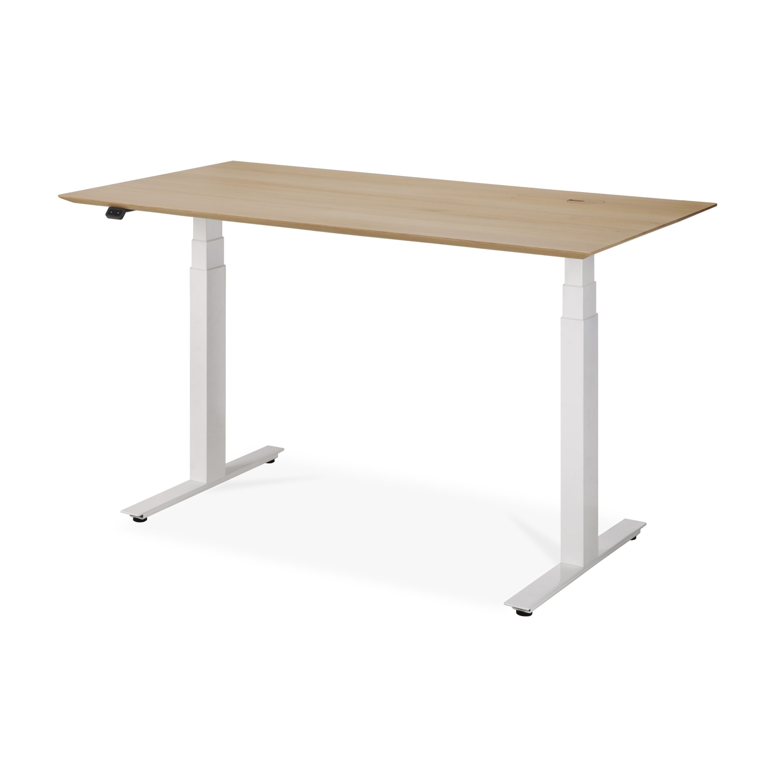 A Bok justerbart skrivebord - lakeret egetræ - hvid bund - rektangulær - med kabelføring - EU. Skrivebordet har et minimalistisk design og ser ud til at være velegnet til kontor- eller hjemmebrug.