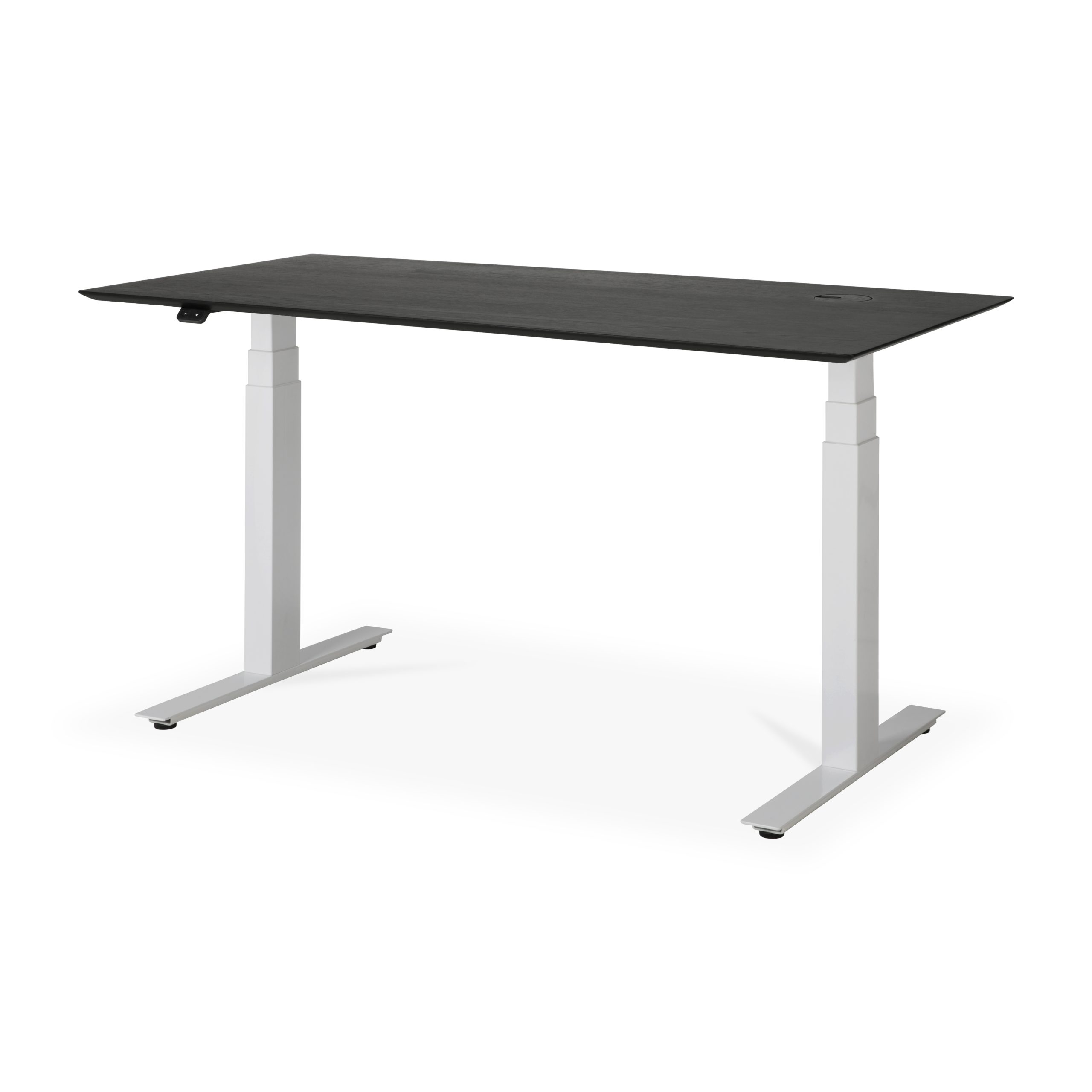 A Bok justerbart skrivebord - lakeret egetræ sort top - hvid bund - rektangulær - med kabelføring - EU. Skrivebordet har en rektangulær form og et minimalistisk design. Den ene side af skrivebordet har et lille kontrolpanel til justering af højden. Skrivebordet står på to robuste T-formede ben.