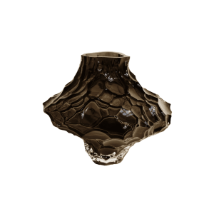 En 3D-gengivelse af en geometrisk, honeycomb-inspireret vase med reflekterende overflader, præsenteret i en rig bronzefarve. Designet har ujævne, mangefacetterede teksturer og er en del af TomorrowsDesign-kollektionen.